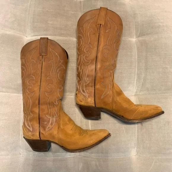 Tony Lama Cowboy Cowgirl Western Boots Leather Embroidered Brown Tan Size 8.5M - Picture 1 of 12